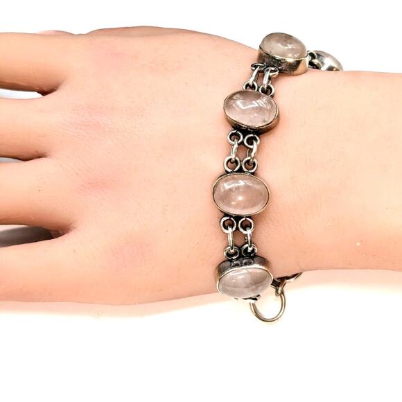 Vintage 925 Sterling Silver Rose Quartz Toggle Clasp Bracelet - Picture 3 of 12